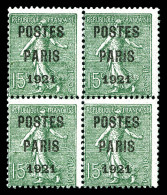 ** N°28, 15c Vert-olive Surchargé 'POSTE PARIS 1921' En Bloc De Quatre, SUPERBE. R.R. (certificat)  Qualité: **  Cote: 7 - 1893-1947