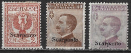 DODECANESE 1912 Italian Stamps With Black Overprint SCARPANTO 3 Values From The Set Vl. 1-6-7 MH - Dodécanèse