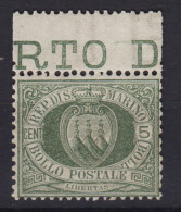 SAN MARINO 1892-94 STEMMA 5 CENTESIMI N.13 G.I MNH** BEN CENTRATO BORDO FOGLIO - Ungebraucht