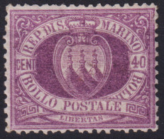 SAN MARINO 1877 40 CENTESIMI LILLA N.7 G.I MNH** CERT. BEN CENTR. - Ungebraucht