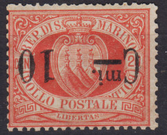 SAN MARINO 1892 STEMMA 10 C. SU 20 C. VARIETA' SOPR. CAPOVOLTA N.10a G.O MH* - Unused Stamps