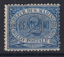 SAN MARINO 1892-94 2 CENTESIMI AZZURRO N.12 G.O MH* - Unused Stamps