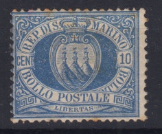 SAN MARINO 1877-90 10 CENTESIMI OLTREMARE N.3 G.O MH* BUONA CENTRATURA - Unused Stamps