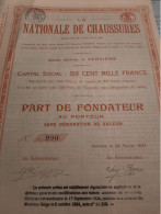 La Nationale De Chaussures S.A. - Vervier Le 24 Février 1923 - Part De Fondateur Au Porteur Sans Désignation De Valeur. - Perfumes & Belleza