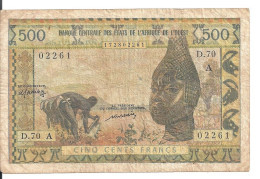 COTE D'IVOIRE 500 FRANCS ND1977 VG+ P 102A L - Costa D'Avorio