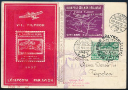 1937 Légi Levelezőlap VII. FILPROK Emlékívvel, Levélzáróval és Alkalmi Bélyegzéssel / Airmail Postcard With Label And So - Sonstige & Ohne Zuordnung