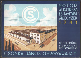 1941 Csonka János Gépgyára Rt. Motor Alkatrész és Javítási árjegyzék 1941. Bp., 1941., Nyn., II+28 P. Haránt-alakú Spirá - Publicités