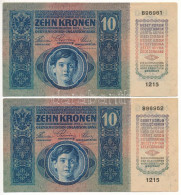 1915. 10K (2x) Sorszámkövetők "1215 896961 - 1215 896962" T:AU / Hungary 1915. 10 Korona (2x) Consecutive Serials "1215  - Non Classificati