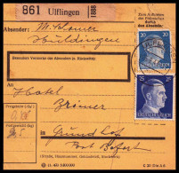 Luxemburg 1943: Paketkarte  | Besatzung, Absenderpostamt, Moselland | Ulflingen;Troisvierges, Grundhof;Berdorf, Beaufort - 1940-1944 German Occupation