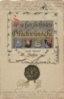 T2 'Die Herzlichsten Glückwünsche Zum Neuen Jahre' / New Year, Humorous Coat Of Arms With Pig, Clover, Horseshoe, Emb.,  - Ohne Zuordnung