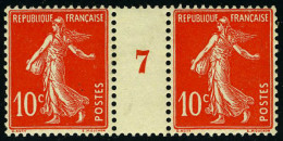 Neuf Sans Charnière N° 138c, 10c Semeuse écarlate, Paire Millésime 7, TB, Rare - Andere & Zonder Classificatie