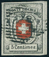 Oblitéré N° 7, 5c Neuchatel, 3 Grandes Marges + 1 Voisin, Superbe, Signé Portmann - Sonstige & Ohne Zuordnung