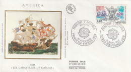 " 1507 LES CARAVELLES DE COLOMB " Sur Enveloppe 1er Jour Sur Soie D'ANDORRE De 1992. Parf état. FDC A SAISIR - Christophe Colomb