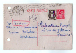 TB 4415 - 1946 - Entier Postal Type IRIS - M. SALLON Pharmacie Bourgogne à BORDEAUX Pour Laboratoires FAMEL à PARIS - Standard- Und TSC-AK (vor 1995)