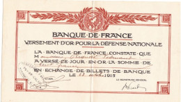 BILLET BANQUE DE FRANCE 1915 VERSEMENT OR Pour La Défense Nationale De 100 Francs - Riquoir Fernand à ARQUES (62) Cachet - Autres & Non Classés