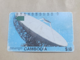 Cambodia-(I952333a)-SATELLITE DISH-(63)-(0088105710)-(tirage-13.000)-($10)-(rubbed)-used Card+1card Prepiad - Cambodge