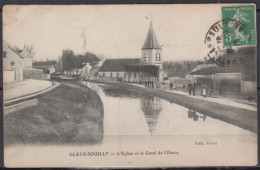 CPA  De CLAYE-SOUILLY   L'église Et Le Canal De L'Ourcq  Animée  Avec Péniche Et Cheval  Année 1915  Et Semeuse 5c Vert - Claye Souilly