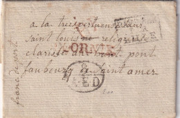 LETTRE. 1828. BELGIQUE. DOORNIK(rouge) PAYS-BAS PAR LILLE. 8/A-E-D. FRANCO DE PORT. TOURNAY POUR ST OMER - 1815-1830 (Période Hollandaise)