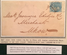 Scarce INDORE + 154 Duplex 1867 (state Of Madhya Pradesh India)on Queen Victoria Cover>Mhow (cover Lettre Indian States - 1858-79 Kronenkolonie