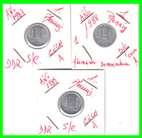 REPUBLICA DEMOCRATICA DE ALEMANIA ( DDR ) 3 MONEDAS DE 1 PFENNING AÑO - 1987 - 1988 - Y - 1989 -   CECA-A - 1 Pfennig