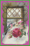 Image Chromo - DECOUPI Une Fenêtre Avec Un Oiseau Rouge Gorge Fleur Une Rose 12,40 X 7,80 Cm - Dieren