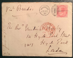 Superb BOMBAY 1870+"1" On Queen Victoria 8 Annas Cover>London, Great Britain Via Brindisi, Italy  (Hyde Park Inde Lettre - 1858-79 Crown Colony