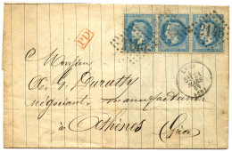1869 20c (n°29) Bande De 3 Obl. GC 2145 + T.16 LYON Sur Magnifique Facture Illustrée Pour ATHENES (GRECE). TTB. - 1863-1870 Napoléon III Lauré