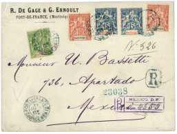 MARTINIQUE Pour Le MEXIQUE : 1903 5c + 10c (x2) + 15c (x2) Obl. FORT DE FRANCE CHARGEMENT (rare) Sur Enveloppe RECOMMAND - Autres & Non Classés