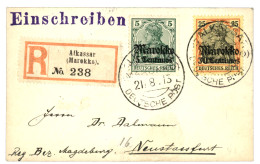 GERMAN MOROCCO - ALKASSAR : 1913 5c On 5pf + 30c Pn 25pf Canc. ALKASSAR On REGISTERED Cover To GERMANY. Vvf. - Maroc (bureaux)