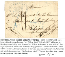 AUSTRIAN LLOYD Via TRIESTE To BELGIUM : 1853 Rare Blue Cachet FRANCO FORT WILLEN AMBARAWA + "Per LANDMAIL Via TRIESTE" O - Indes Néerlandaises