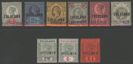 1888-93 2d To 1s (6 Vals) H/stamped SPECIMEN (1s - Faded), SG.3s/10s, Also 1894 2/6d, 4s & £1 Optd SPECIMEN, SG.26s/28s, - Andere & Zonder Classificatie