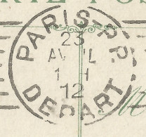 FRANCE -  VARIETY &  CURIOSITY - KRAG DEPARTURE PMK "PARIS DEPART PP." INSTEAD OF "PARIS DEPART R.P." - 1912 - Covers & Documents