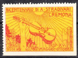 VV-074 1937 Bicentenario Di A.Stradivari CREMONA Music Vignette Sans Gomme - Autres & Non Classés