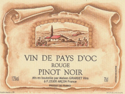 VIN DE PAYS D'OC .  ROUGE  .  PINOT NOIR - Vin De Pays D'Oc