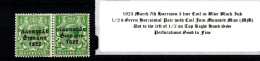 1923 March 7th Harrison 3 Line Coil In Blue Black Ink, 1/2 D Green Horziontal Pair With Coil Join Mounted Mint (MM) - Neufs