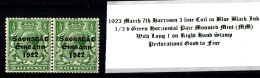 1923 March 7th Harrison 3 Line Coil In Blue Black Ink, 1/2 D Green Horziontal Pair With Long 1 On Right Hand Stamp (MM) - Neufs