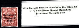 1923 March 7th Harrison 3 Line Coil In Blue Black Ink, 1 1/2 D Red Brown Mounted Mint (MM) - Neufs