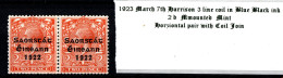 1923 March 7th Harrison 3 Line Coil In Blue Black Ink, 2d Die II Orange Horziontal Pair With Coil Join Mounted Mint (MM) - Neufs