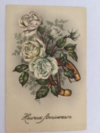 Cpa Paillettes, Heureux Anniversaire, Roses Blanches Et Fer à Cheval, éd Univers , écrite En 1949 - Birthday