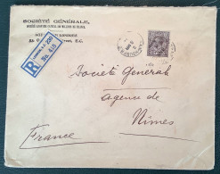 SG 393 GB 1912-24 King George V, Scarce Frkg 9d Deep Agate Registered Cover GRESHAM HOUSE LONDON>Nimes,France (bank - Briefe U. Dokumente