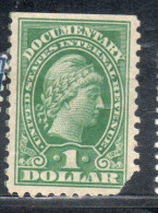 USA STATI UNITI 1914 VARIETY IMPERF. REVENUE STAMPS DOCUMENTARY LIBERTY 1$ MNH - Neufs