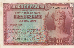 SPAIN 10 PESETAS 1935 P-86  VF - 10 Peseten