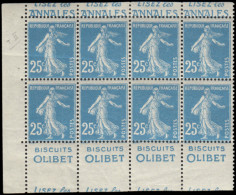 ** FRANCE - Poste - 140e Type II, Bloc De 8 De Carnet "Annales-Olibet", 1 Paire * + Pli De Gomme: 25c. Semeuse Bleu (Spi - Unused Stamps