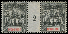 ** YUNNANFOU - Poste - 1, Paire Millésime "2", Double Surcharge Française: 1c. Noir S. Azuré - Unused Stamps