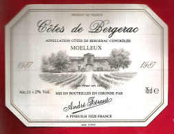 Etiquette De Vin Côtes De Bergerac 1987 Alc. 11° + 2% Vol.- Chais André Féraut Pineuilh 33220 - Bergerac