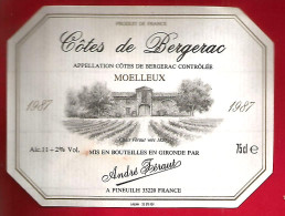 Etiquette De Vin Côtes De Bergerac 1987 Alc. 11° + 2% Vol.- Chais André Féraut Pineuilh 33220 - Bergerac