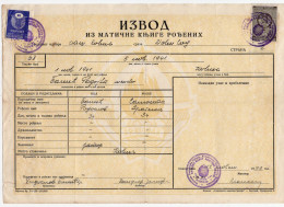 1958. YUGOSLAVIA,SERBIA,KOVILJ MUNICIPALITY REVENUE STAMP + 1 STATE REVENUE,BIRTH CERTIFICATE - Covers & Documents