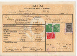 1958. YUGOSLAVIA,SERBIA,3 TITEL MUNICIPALITY REVENUE STAMPS + 1 STATE REVENUE,BIRTH CERTIFICATE - Covers & Documents