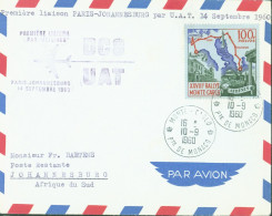 CAD Monté Carlo Monaco 10 9 1960 Première Liaison Par Jet Liner / Par U.A.T Paris Johannesburg Par Avion YT 510 Rallye - Cartas & Documentos