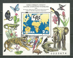 POLAND Oblitéré Bloc 153 Faune Flore Animal Animaux Tigre éléphant Papillon Fleur Singe Tortue - Gebraucht